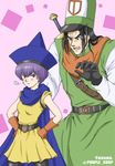  1girl alena alena_(dq4) alena_(dq4)_(cosplay) bad_id bad_pixiv_id black_hair cape clift clift_(cosplay) cosplay dragon_quest dragon_quest_iv gloves griamor hat highres long_hair nanatsu_no_taizai pantyhose purple_corp purple_eyes purple_hair short_hair veronica_liones 