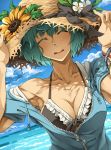  1girl armpits black_bikini_top bracelet breasts cleavage close-up collarbone commentary_request day eyes_closed flower green_hair hat hat_flower highres jewelry kasetsu_03 large_breasts looking_at_viewer ocean off_shoulder sei_(va-11_hall-a) short_hair short_sleeves solo sun_hat unzipped upper_body va-11_hall-a 