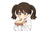  bad_id bad_twitter_id bread brown_eyes brown_hair food fried_egg ishihara_saika kantai_collection ryuujou_(kantai_collection) short_hair simple_background solo twintails white_background younger 