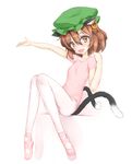  :d alternate_costume animal_ears ballet_slippers bangs blush breasts brown_hair cat_ears cat_tail chen cross-laced_footwear earrings fang from_side full_body hair_between_eyes hashimoto_w.s. hat hoop_earrings jewelry knees_together_feet_apart leotard looking_at_viewer mob_cap multiple_tails open_mouth outstretched_arm pantyhose plantar_flexion shadow short_hair single_earring sitting small_breasts smile solo tail tail_through_clothes touhou white_legwear yellow_eyes 