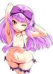  3.1-tan ;) armpits bikini blush bow closed_mouth flat_chest hair_bow highres lavender_hair leg_garter long_hair looking_at_viewer one_eye_closed os-tan purple_bikini red_eyes side-tie_bikini simple_background smile solo swimsuit takayama_chihiro white_background 