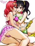 ass barefoot bikini black_hair blush bracelet breasts chin_grab dated eye_contact eyewear_on_head finger_in_another&#039;s_mouth finger_in_another's_mouth flower frilled_skirt frills green_nails hair_bobbles hair_flower hair_ornament jewelry kneepits looking_at_another love_live! love_live!_school_idol_project medium_breasts medium_hair mina_cream miniskirt multiple_girls nail_polish navel nishikino_maki purple_eyes red_eyes red_hair simple_background skirt small_breasts spread_legs sunglasses swimsuit twintails white_background yazawa_nico yuri 
