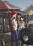  black_hair car crowd denim ground_vehicle guitar_case highres huanxiang_heitu instrument_case jeans love_live! love_live!_school_idol_project motor_vehicle multiple_girls nishikino_maki older pants ponytail red_eyes red_hair revision school_uniform scrunchie serafuku shirt smile volkswagen volkswagen_type_1 yazawa_nico 