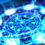  blue blue_cape blue_hair cape closed_eyes copyright_name crescent dennryuurai floating_hair full_body glowing light_particles long_hair magic_circle mars_symbol psychic_hearts solo standing star venus_symbol very_long_hair 