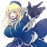  aqua_eyes atago_(kantai_collection) beret black_gloves blonde_hair breasts eyes_visible_through_hair gloves hair_between_eyes hat huge_breasts impossible_clothes kantai_collection long_hair looking_at_viewer military military_uniform reaching_out sakita_(ookawarii) solo uniform upper_body 