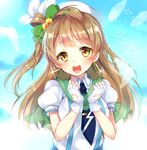  blue_sky brown_hair cloud earrings feathers fingerless_gloves gloves hair_ornament hat jewelry long_hair love_live! love_live!_school_idol_project minami_kotori necktie one_side_up open_mouth paragasu_(parags112) puffy_short_sleeves puffy_sleeves shirt short_sleeves sky smile solo sparkle suspenders upper_body white_gloves wonderful_rush yellow_eyes 