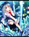  ankle_socks bad_id bad_pixiv_id blue_dress blue_eyes blue_hair blush cirno crystal dress fingernails folded_leg gradient gradient_background grin hair_ribbon hand_on_own_face highres kuyuru_(vocalo520) letterboxed looking_at_viewer ribbon sharp_fingernails short_hair short_sleeves smile snowflakes solo sparkle touhou wings 