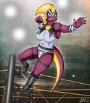  2015 angry big_eyes boots breasts dragon dragonsteincole female jumping luchador mask muscles muscular_female pose purple_scales reptile ring scalie wrestler 