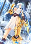  armor asymmetrical_clothes blue_eyes breast_slip breasts butter-t electricity from_below gauntlets greaves large_breasts legs lightning lightning_bolt long_hair nipples one_breast_out original pointy_ears silver_hair solo standing thighs tunic wrist_wrap 