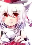  animal_ears bare_shoulders blush close-up detached_sleeves frown hair_between_eyes hat highres inubashiri_momiji looking_at_viewer pom_pom_(clothes) portrait red_eyes short_hair silver_hair simple_background sketch solo tokin_hat toufukin touhou white_background wolf_ears 