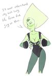  blush breasts cleavage clothed clothing english_text female green_eyes green_skin peridot solo steven_universe text wide_hips 