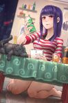  1girl alcohol alternate_hairstyle apple_inc. bangs barefoot beer_can black_cat blush brand_name_imitation breasts can cat drunk eyebrows_visible_through_hair fore hair_down highres ice ice_cube julianne_stingray knees_together_feet_apart medium_breasts mr.lime pink_eyes poster_(object) purple_hair striped sweatdrop swept_bangs table toes va-11_hall-a whiskey 