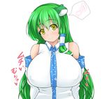  blush breasts covered_nipples detached_sleeves eighth_note frog frog_hair_ornament green_hair hair_ornament huge_breasts hydrant_(kasozama) kochiya_sanae long_hair musical_note open_mouth simple_background smile snake solo spoken_musical_note touhou white_background yellow_eyes 