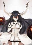  anchorage_water_oni bare_shoulders black_hair coolnova cowboy_shot dress fire frilled_dress frills hand_on_own_chest highres honeycomb_(pattern) honeycomb_background horns kantai_collection long_hair looking_at_viewer orange_eyes overskirt shinkaisei-kan solo very_long_hair white_dress white_skin 