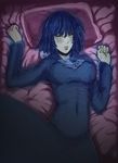  bad_id bad_pixiv_id bed_sheet black_hair blush breasts covered_navel dress fubuki_(one-punch_man) highres jewelry large_breasts lips lying necklace nose on_bed one-punch_man pillow short_hair solo the_golden_smurf yellow_eyes 