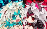  2girls :&lt; armor blue_eyes capcom female highres monster_hunter monster_hunter_3_g monster_hunter_3_u mulriple_girls multiple_girls open_mouth red_euyes red_eyes smile stygian_zinogre_(armor) white_hair zinogre_(armor) 