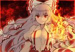  bow chromatic_aberration fire fujiwara_no_mokou g.t hair_bow hair_ornament hair_ribbon long_sleeves looking_at_viewer pants puffy_sleeves red_eyes ribbon shirt silver_hair smirk solo touhou upper_body 