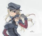  bare_shoulders bismarck_(kantai_collection) blonde_hair blue_eyes brown_gloves detached_sleeves gloves hand_on_hip hat kantai_collection long_hair looking_at_viewer military military_hat military_uniform peaked_cap smile solo suzumaru twitter_username uniform upper_body 
