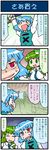  &gt;_&lt; 4koma arms_up artist_self-insert blue_hair blush breasts bus closed_eyes comic commentary crowd empty_eyes frog green_eyes green_hair ground_vehicle hair_ornament heterochromia highres juliet_sleeves kochiya_sanae large_breasts long_sleeves mizuki_hitoshi motor_vehicle multiple_girls open_mouth puffy_sleeves real_life_insert shirt smile snake_hair_ornament sweat tatara_kogasa text_in_eyes touhou translated vest 
