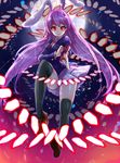  animal_ears black_legwear bullet bunny_ears danmaku dark extra_ears full_body full_moon glowing glowing_eyes gradient gradient_background highres hiromaru0322 jacket leg_up long_hair long_sleeves looking_at_viewer moon necktie panties pointing purple_hair red_eyes reisen_udongein_inaba shirt shoes smile solo striped striped_panties thighhighs touhou underwear upskirt very_long_hair vest 