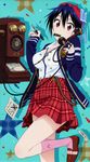  absurdres blazer blue_hair bow breasts cable casual cleavage cradling_phone fountain_pen hair_bow hat highres holding holding_pen jacket large_breasts long_sleeves mole mole_under_eye mouth_hold nisekoi notepad official_art pen phone plaid plaid_skirt red_eyes rotary_phone scan skirt socks suspenders tsugumi_seishirou 
