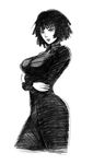  bad_id bad_pixiv_id breasts cowboy_shot cropped_legs crossed_arms dress fubuki_(one-punch_man) greyscale jewelry large_breasts lips monochrome necklace one-punch_man short_hair solo standing the_golden_smurf 