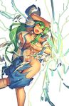  arm_up blush breasts detached_sleeves downscaled exploding_clothes frog gohei green_hair hair_ornament highres kochiya_sanae large_breasts long_hair md5_mismatch melon22 one_eye_closed open_mouth resized skirt solo torn_clothes touhou yellow_eyes 