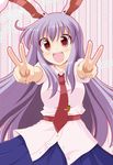  :d animal_ears belt bunny_ears carrot collared_shirt double_v happy kinagi_yuu long_hair necktie open_mouth purple_hair red_eyes red_neckwear reisen_udongein_inaba shirt skirt smile solo tie_clip touhou v 
