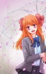  bad_id bad_pixiv_id bow gekkan_shoujo_nozaki-kun long_hair orange_hair polka_dot polka_dot_bow purple_eyes rouman_academy_uniform sakura_chiyo school_uniform solo transparent transparent_umbrella umbrella yuzuka_(pixiv12193841) 