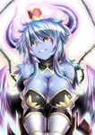  asmodeus_(shinrabanshou) bad_id bad_pixiv_id bare_shoulders black_sclera blue_hair blue_skin breasts demon_girl detached_collar grin hat head_tilt highres horns juugoya_(zyugoya) large_breasts long_hair pointy_ears shinrabanshou smile thorns wings yellow_eyes 