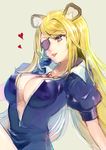  angelica_(show_by_rock!!) animal_ears blonde_hair breasts cleavage eyepatch heart jewelry large_breasts leaning_back long_hair momoshiki_tsubaki necklace purple_eyes show_by_rock!! simple_background skin_tight solo zipper 