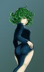  ahoge black_dress blush breasts colorized curly_hair dress green_eyes green_hair grey_background hand_on_hip impossible_clothes impossible_dress looking_at_viewer looking_back no_panties one-punch_man revision short_hair side_slit skin_tight small_breasts solo sweatdrop tatsumaki the_golden_smurf 