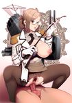  1girl breasts brown_hair clothed_sex girl_on_top glasses gloves green_eyes harumaki hetero izayoi_seishin kantai_collection katori_(kantai_collection) large_breasts nipples pantyhose penis pubic_hair reverse_cowgirl_position riding_crop sex short_hair solo_focus straddling torn_clothes torn_legwear vaginal white_background 