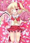  arm_up blonde_hair bow cheerleader crop_top fang flandre_scarlet hair_bow jumping midriff neckerchief one_eye_closed open_mouth pink_background pom_poms red_eyes rikatan shirt side_ponytail skirt skirt_set smile solo star touhou wings 