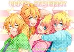  ahoge blonde_hair blue_eyes blush brothers character_name dual_persona english glasses green_eyes group_hug happy_birthday hug kurabayashi kurusu_kaoru kurusu_shou male_focus multiple_boys one_eye_closed open_mouth shinomiya_natsuki shinomiya_satsuki siblings smile twins uta_no_prince-sama 