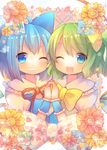  blue_dress blue_eyes blue_hair bow cirno daiyousei dress fairy_wings flower green_hair grin hair_bow hair_ribbon holding_hands ice ice_wings interlocked_fingers looking_at_viewer multiple_girls one_eye_closed open_mouth photo_(object) pjrmhm_coa ribbon side_ponytail smile touhou wings 