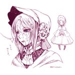  bloodborne blue_eyes bonnet capelet closed_mouth cum cum_on_hair expressionless facial flower hair_flower hair_ornament long_hair monochrome mudou_eichi plain_doll portrait rose simple_background solo translated twitter_username white_background 