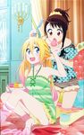  absurdres bed blonde_hair blue_eyes bow brown_eyes brown_hair candelabra candle comb crease food hair_bow highres kirisaki_chitoge kneeling long_legs macaron multiple_girls nail_polish nisekoi official_art onodera_kosaki open_mouth polka_dot polka_dot_scrunchie ponytail scan scrunchie smile sock_dangle striped thighhighs 