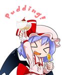  &gt;_&lt; arm_up bat_wings blue_hair bow byourou chibi closed_eyes fang food hat open_mouth pudding remilia_scarlet ribbon short_hair smile solo spoon touhou wings 