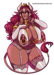  big_breasts breasts clothed clothing collar corruption_of_champions cowbell cupcake992 ear_piercing erect_nipples excellia_(coc) female hair horn huge_breasts lingerie minotaur nipple_piercing nipples panties piercing plain_background pose raised_arm red_hair skimpy solo underwear yellow_eyes 