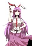  animal_ears bunny_ears extra_ears gun hand_on_hip handgun highres kakao_(noise-111) long_hair long_skirt lunatic_gun necktie puffy_short_sleeves puffy_sleeves purple_hair purple_skirt red_eyes red_neckwear reisen_udongein_inaba shirt short_sleeves skirt smile solo touhou very_long_hair weapon 