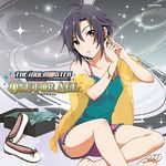  album_cover barefoot black_eyes black_hair cardigan cover earrings idolmaster idolmaster_(classic) jewelry kikuchi_makoto lowres shoebox shoes shorts 