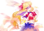  aino_minako artist_name bishoujo_senshi_sailor_moon blonde_hair blue_eyes blue_sailor_collar blue_skirt blurry bow choker crescent dated elbow_gloves facial_mark forehead_mark gloves hair_bow half_updo light_smile long_hair mask miniskirt one_eye_closed parted_lips puffy_short_sleeves puffy_sleeves red_bow sailor_collar sailor_senshi_uniform sailor_v shabomu short_sleeves skirt solo very_long_hair white_background white_gloves 