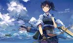  arrow bow_(weapon) brown_eyes brown_hair character_name cloud day japanese_clothes jewelry kaga_(kantai_collection) kantai_collection looking_afar md5_mismatch muneate ring short_hair side_ponytail sky solo spark_(sandro) weapon wedding_band 