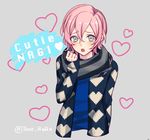  bad_id bad_pixiv_id blush character_name english green_eyes heart jacket male_focus mikado_nagi open_mouth pink_hair scarf smile solo tachibana_rintarou uta_no_prince-sama 