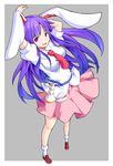  animal_ears arms_up breasts bunny_ears commentary_request gun handgun highres ishimu large_breasts long_hair lunatic_gun necktie open_mouth pink_eyes puffy_short_sleeves puffy_sleeves purple_hair red_neckwear reisen_udongein_inaba shirt short_sleeves skirt smile solo touhou very_long_hair weapon 