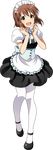  apron arms_up blush brown_hair corset full_body hagiwara_yukiho idolmaster idolmaster_(classic) idolmaster_2 looking_at_viewer maid maid_apron maid_headdress mary_janes official_art open_mouth pantyhose ribbon shoes short_hair solo transparent_background 