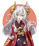  grey_eyes horns japanese_clothes kanji kimono long_hair looking_at_viewer obi open_mouth original ramuya_(lamb) sash simple_background solo v white_hair whorled_hair 