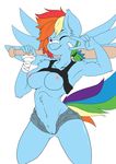  anthro anthrofied areola blue_fur blush breasts clothed clothing equine female flashing friendship_is_magic fur hair horse inner_ear_fluff khit-sama kneeling looking_at_viewer mammal multicolored_hair my_little_pony navel nipples one_eye_closed peace_sign plain_background pony pussy rainbow_dash_(mlp) rainbow_hair shirt smile solo teeth tuft white_background 