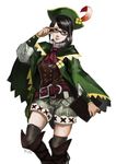  adjusting_eyewear belt black_hair boots cape cravat glasses green_eyes guildmarm_(monster_hunter) hat_feather knee_boots monster_hunter monster_hunter_4 multiple_belts shorts solo thighhighs vest zeroshiki_kouichi 